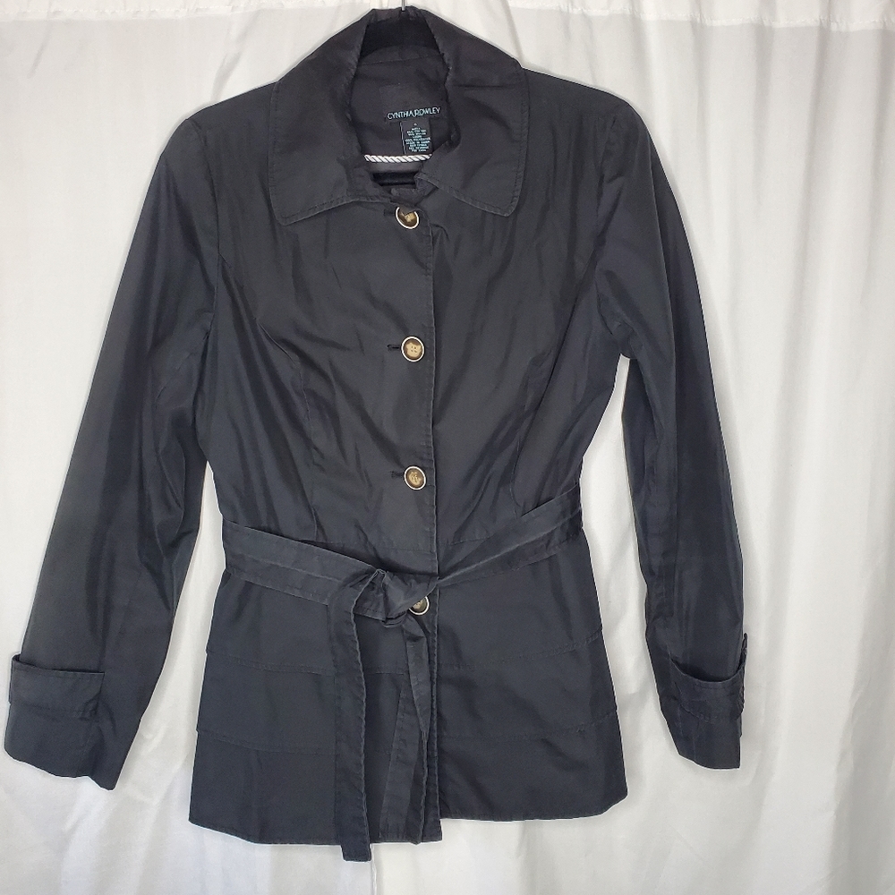◇ Cynthia Rowley Black Short Ruffled Belted Trench Coat Size Small